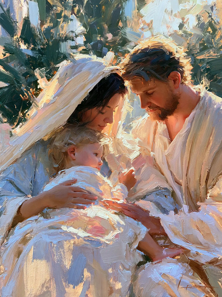 The Holy Family — Tenderness in the Garden of Green Shadows