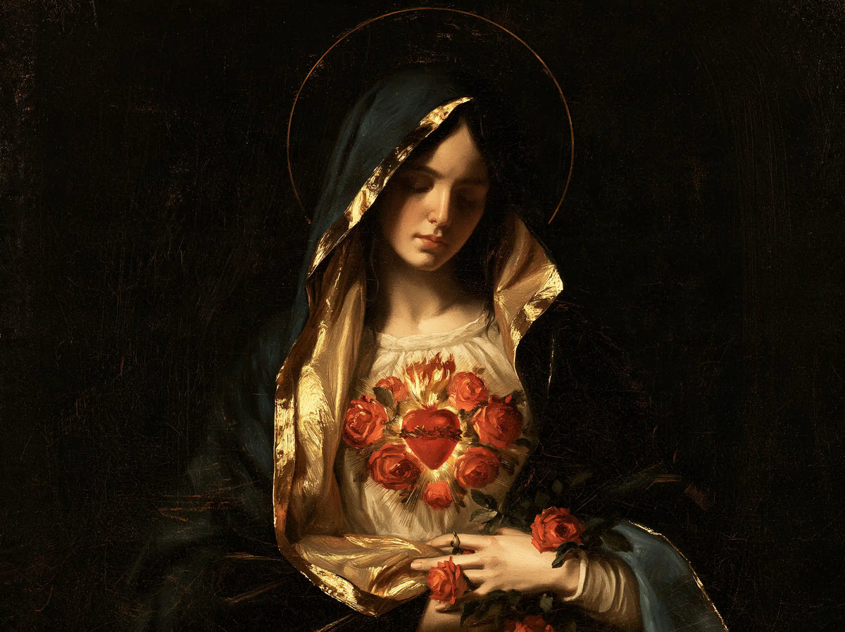 the Immaculate Heart of Mary in black and gold in Black and Gold style, landscape Christian artwork no. 9