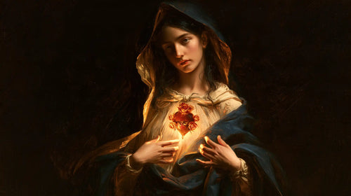the Immaculate Heart of Mary in black and gold in Black and Gold style, landscape Christian artwork no. 14