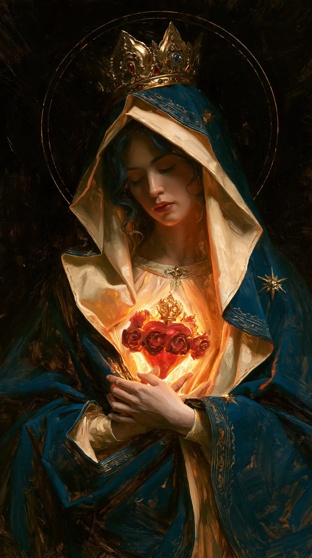 the Immaculate Heart of Mary in black and gold in Black and Gold style, portrait Christian artwork no. 6
