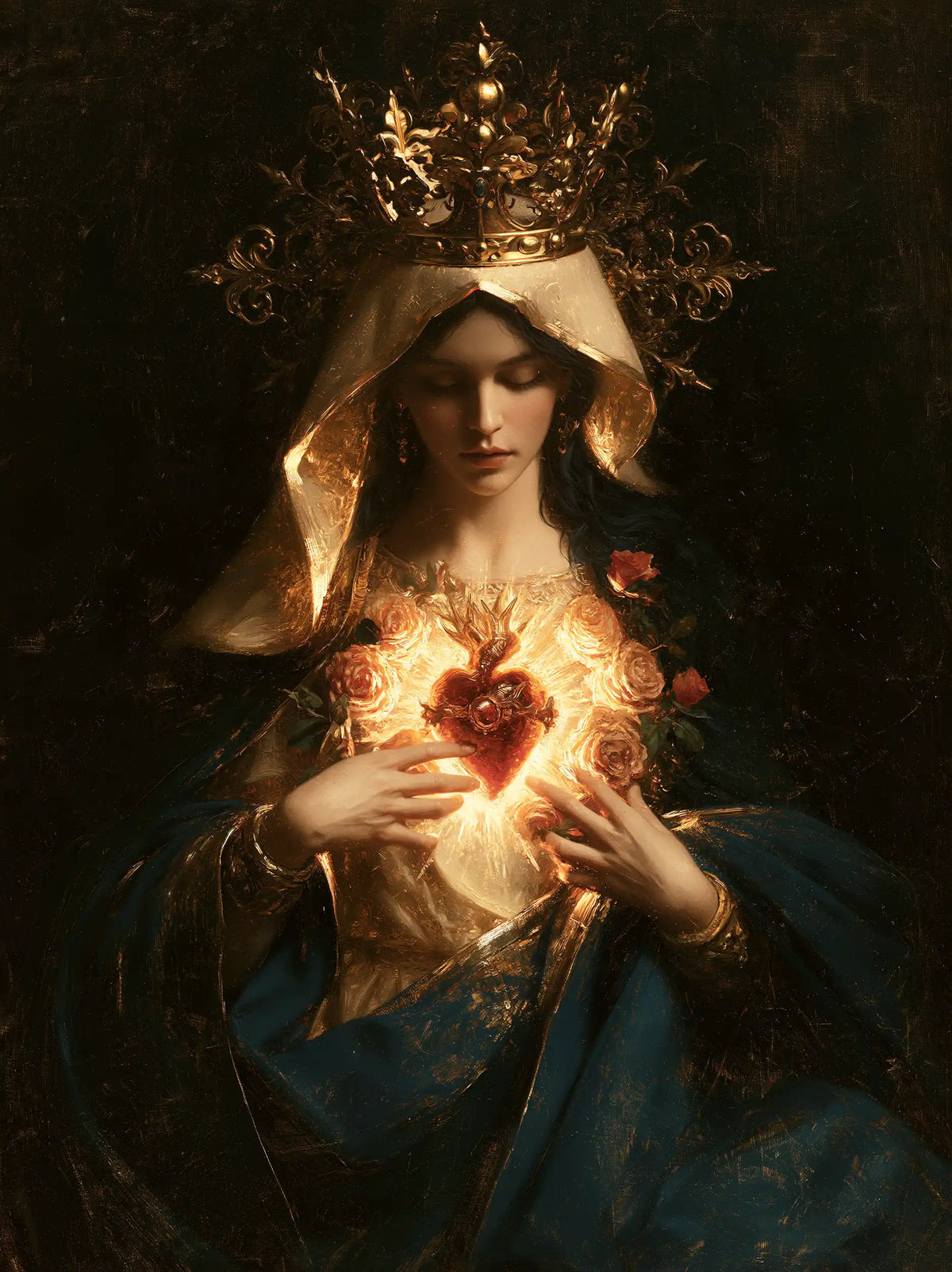 the Immaculate Heart of Mary in black and gold in Black and Gold style, portrait Christian artwork no. 12
