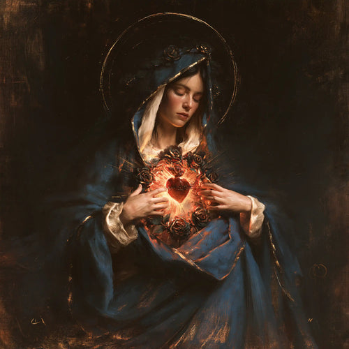 the Immaculate Heart of Mary in black and gold in Black and Gold style, square Christian artwork no. 3