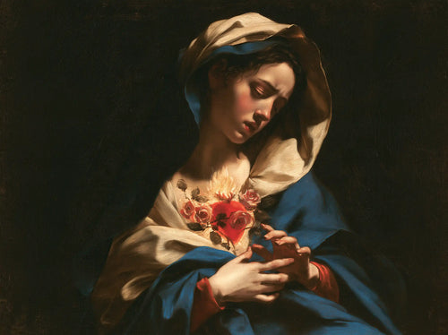 the Immaculate Heart of Mary in dramatic chiaroscuro in Caravaggio Tenebrism style, landscape Christian artwork no. 1