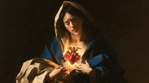 the Immaculate Heart of Mary in dramatic chiaroscuro in Caravaggio Tenebrism style, landscape Christian artwork no. 14