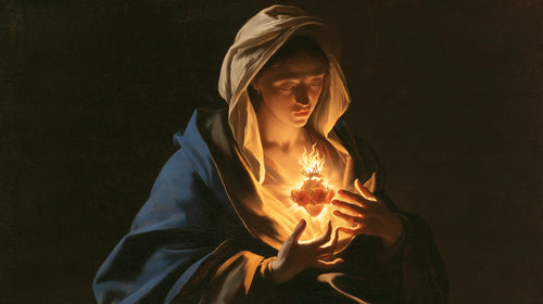 the Immaculate Heart of Mary in dramatic chiaroscuro in Caravaggio Tenebrism style, landscape Christian artwork no. 15