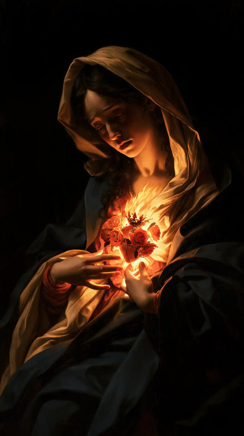 the Immaculate Heart of Mary in dramatic chiaroscuro in Caravaggio Tenebrism style, portrait Christian artwork no. 6