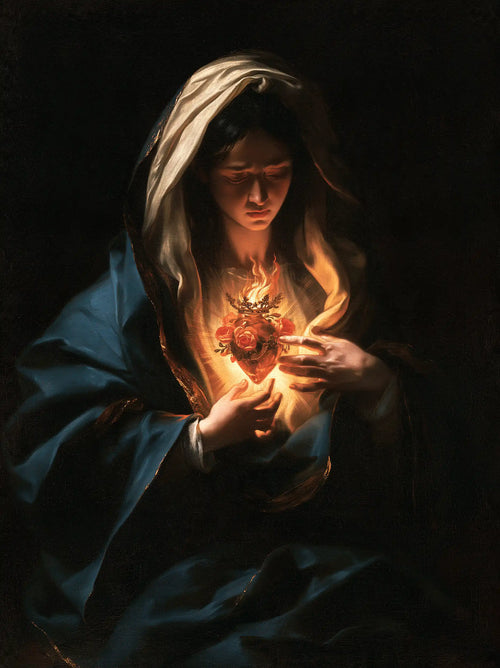 the Immaculate Heart of Mary in dramatic chiaroscuro in Caravaggio Tenebrism style, portrait Christian artwork no. 12