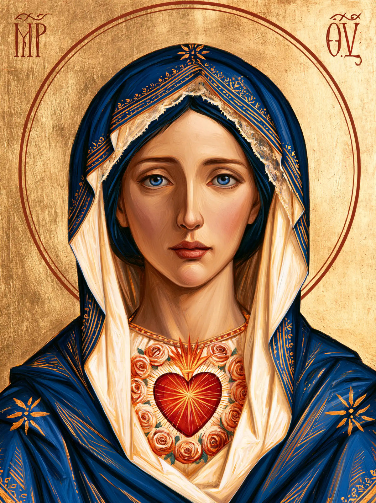 The Immaculate Heart of Mary — The Blue Gaze Above Ivory Roses
