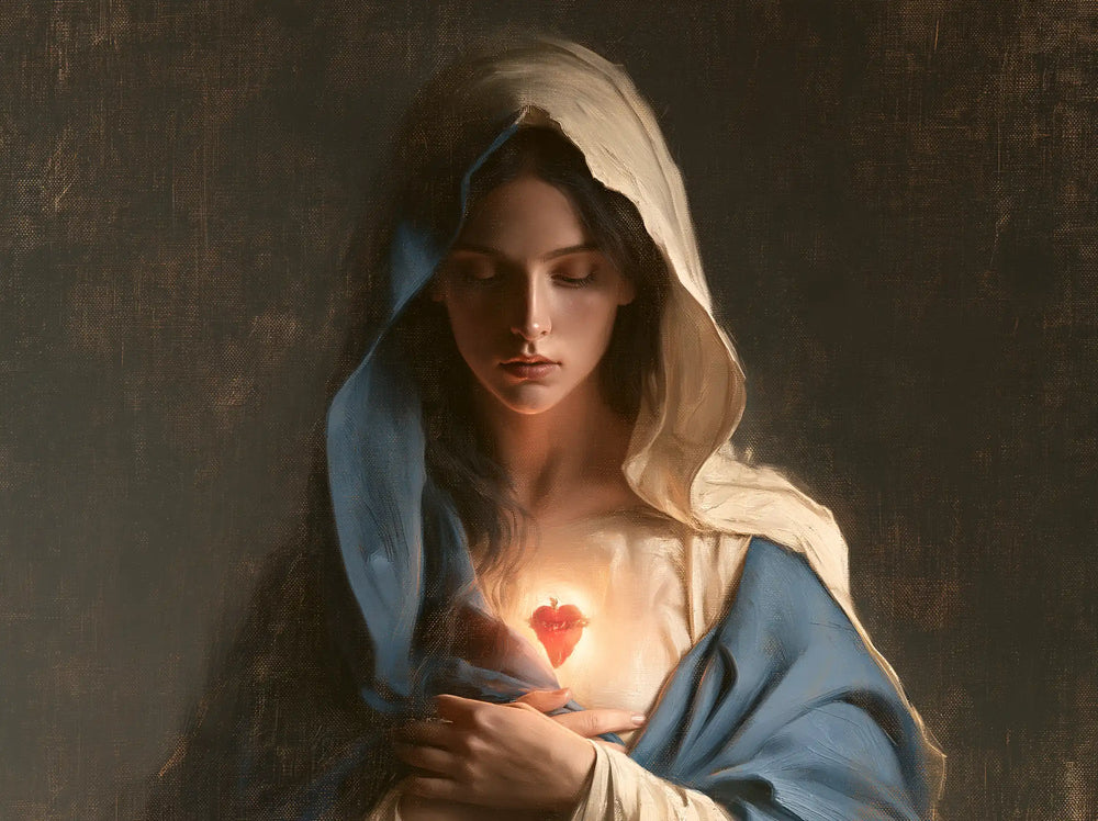 the Immaculate Heart of Mary in a minimalist composition in Contemporary Minimalism style, landscape Christian artwork no. 7
