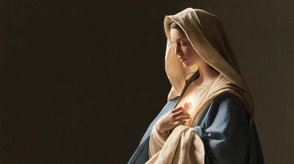 the Immaculate Heart of Mary in a minimalist composition in Contemporary Minimalism style, landscape Christian artwork no. 11