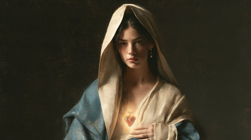 the Immaculate Heart of Mary in a minimalist composition in Contemporary Minimalism style, landscape Christian artwork no. 17