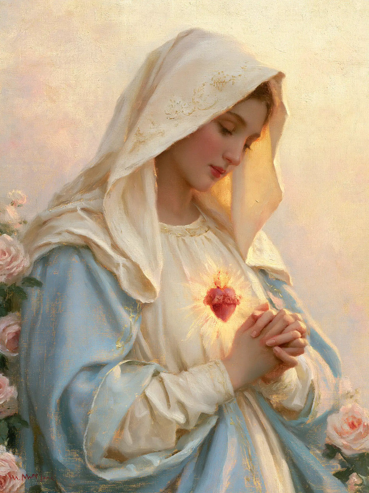 the Immaculate Heart of Mary at dawn in The Immaculate Heart at Dawn style, portrait Christian artwork no. 14
