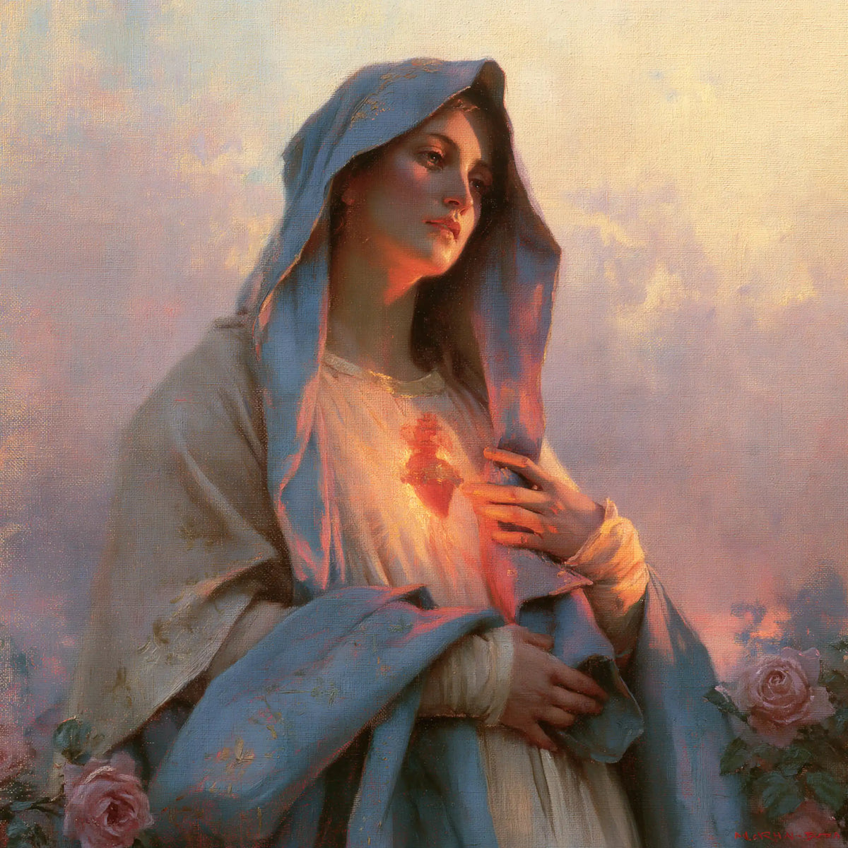 the Immaculate Heart of Mary at dawn in The Immaculate Heart at Dawn style, square Christian artwork no. 5