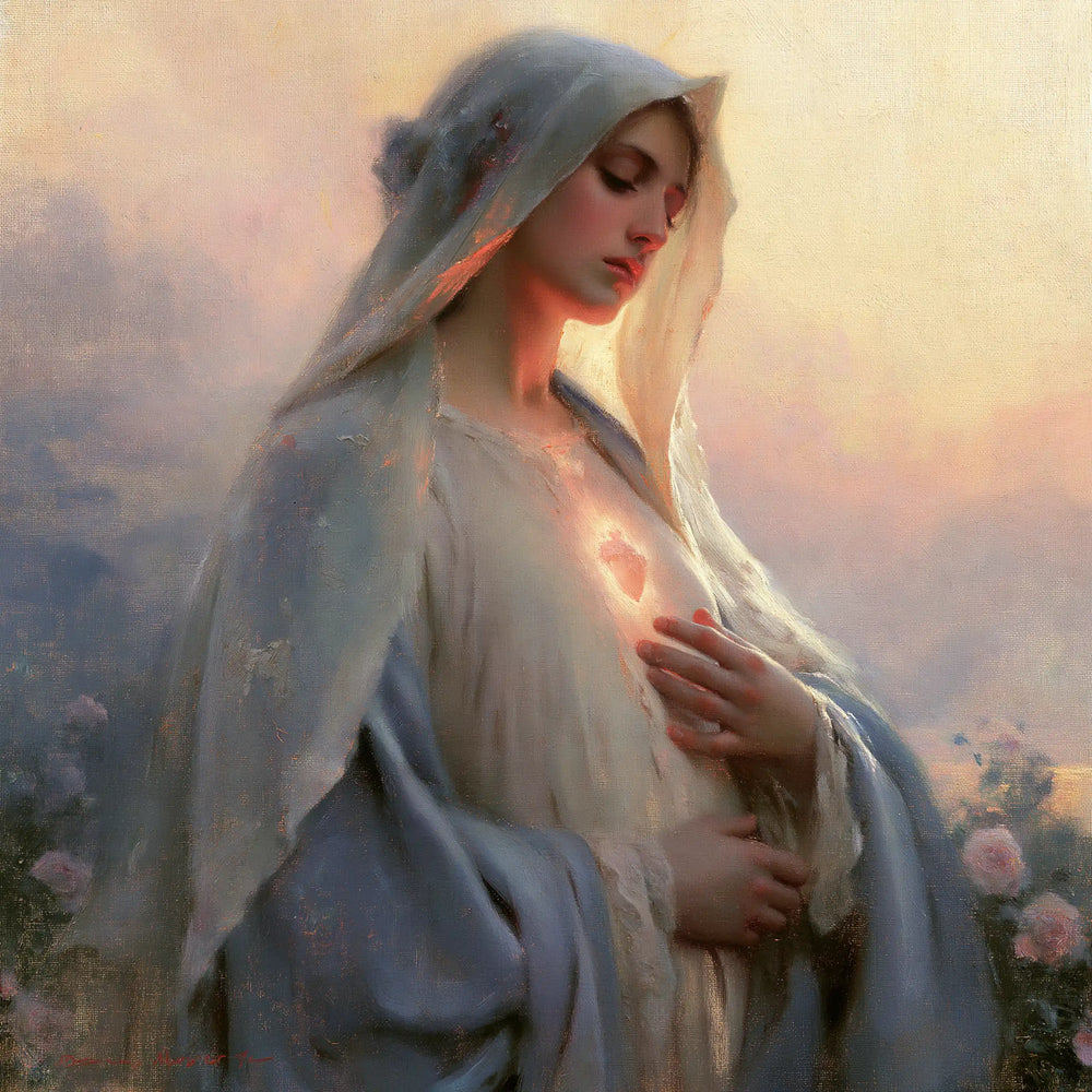 the Immaculate Heart of Mary at dawn in The Immaculate Heart at Dawn style, square Christian artwork no. 8