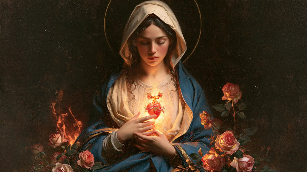 Mary and her Immaculate Heart surrounded by divine light in Mary as Divine Light style, landscape Christian artwork no. 8
