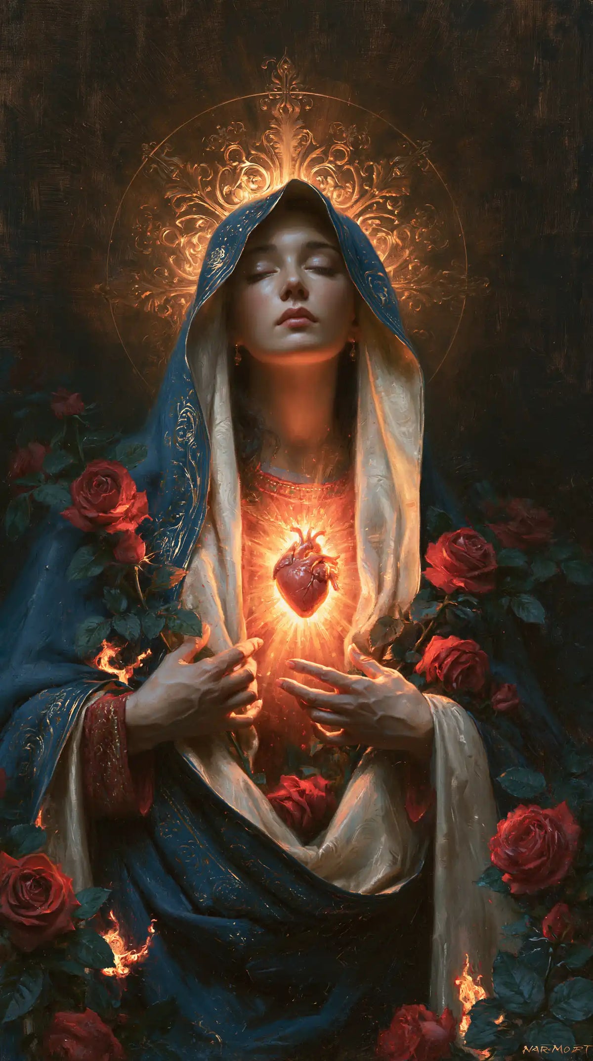 Mary and her Immaculate Heart surrounded by divine light in Mary as Divine Light style, portrait Christian artwork no. 1