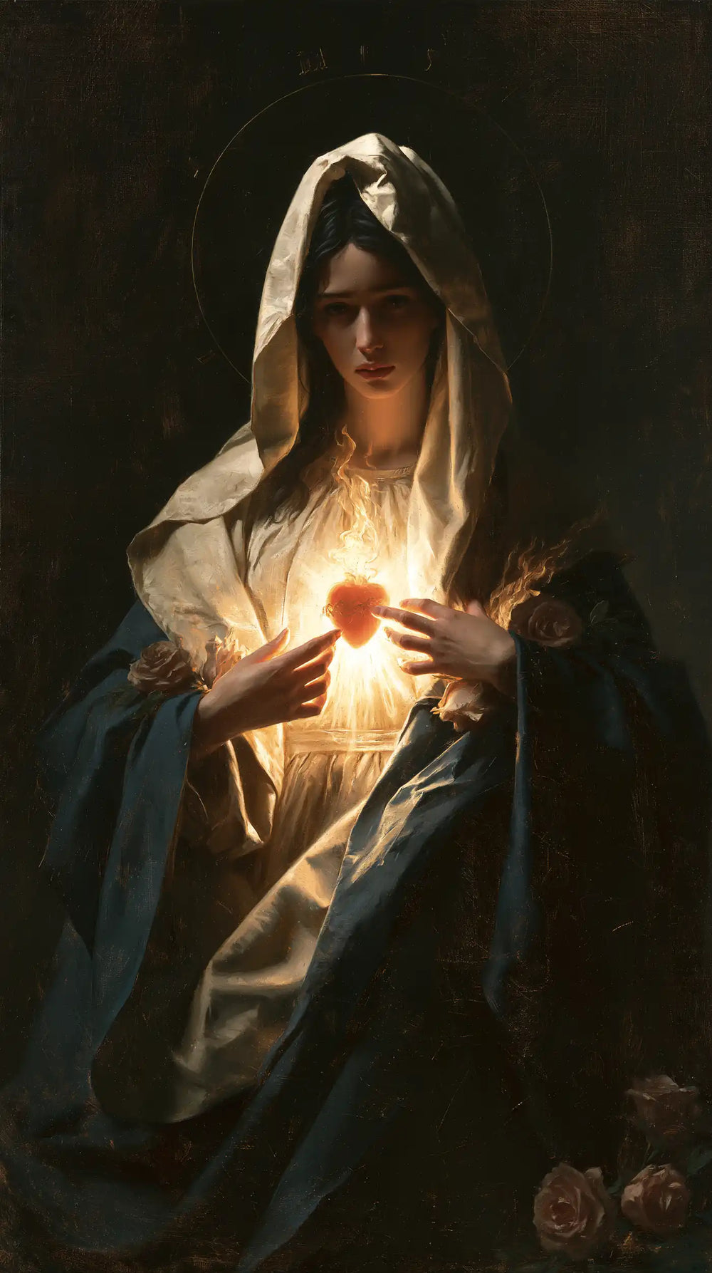 Mary and her Immaculate Heart surrounded by divine light in Mary as Divine Light style, portrait Christian artwork no. 5