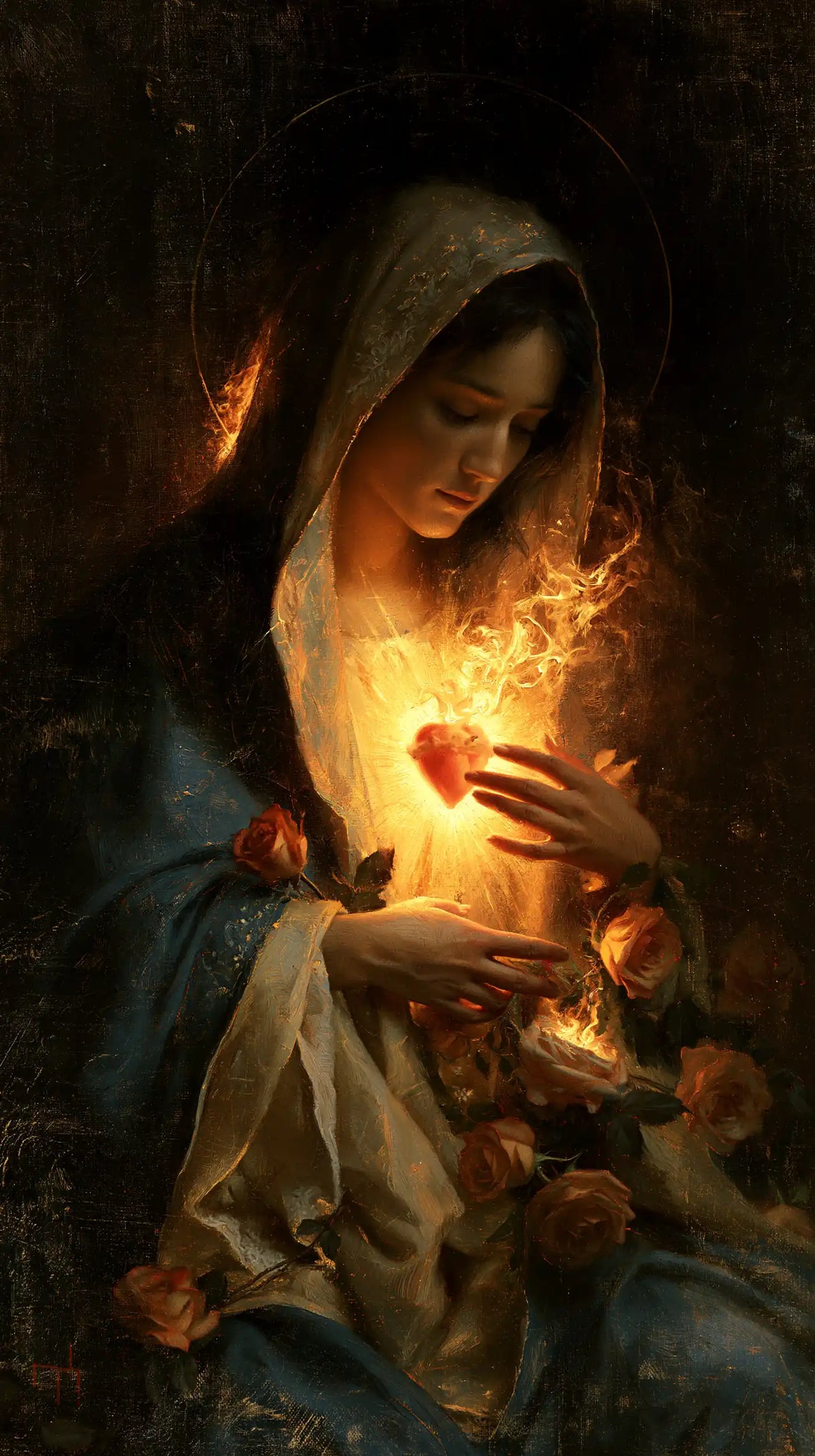 Mary and her Immaculate Heart surrounded by divine light in Mary as Divine Light style, portrait Christian artwork no. 10