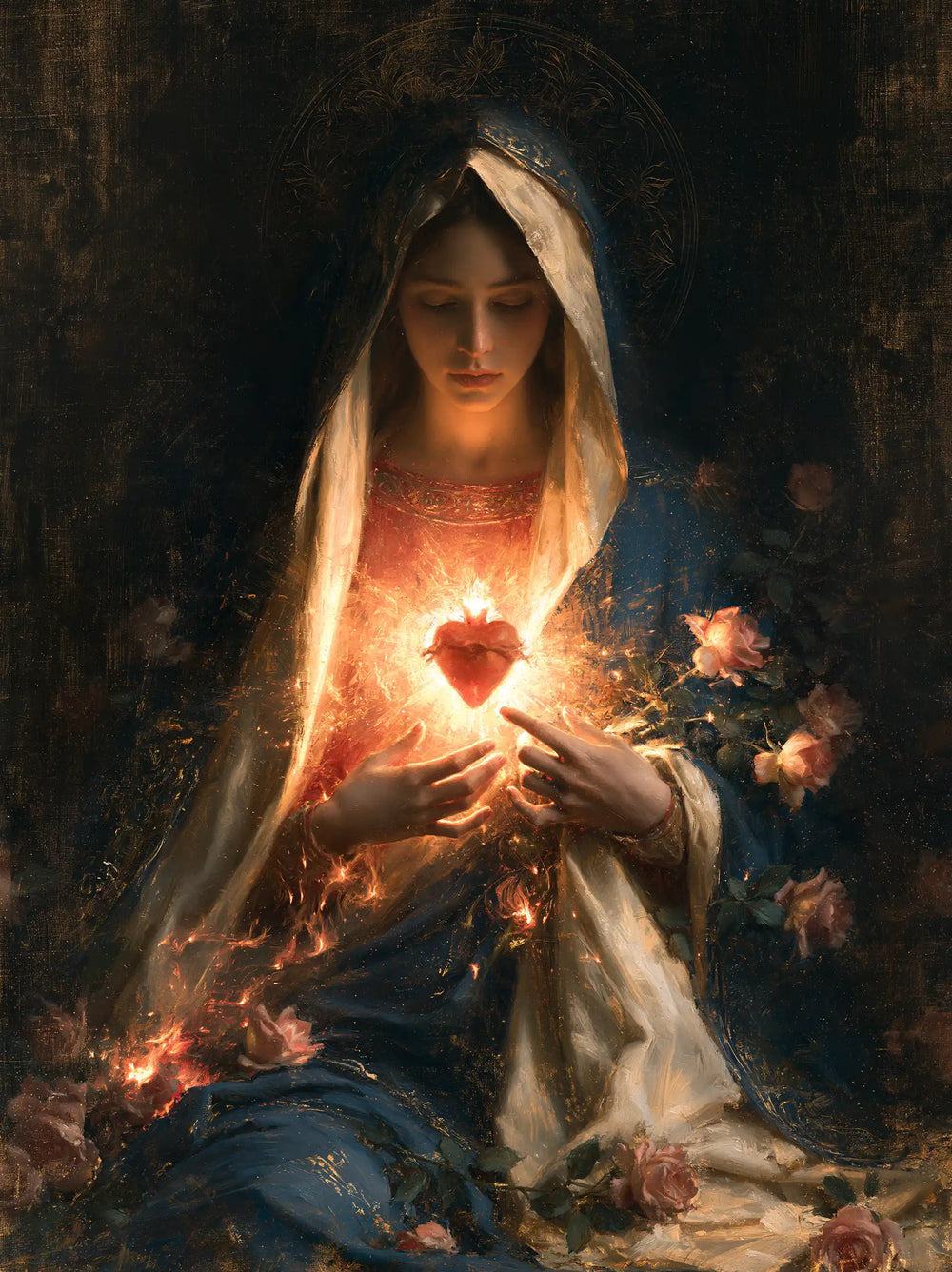 Mary and her Immaculate Heart surrounded by divine light in Mary as Divine Light style, portrait Christian artwork no. 14