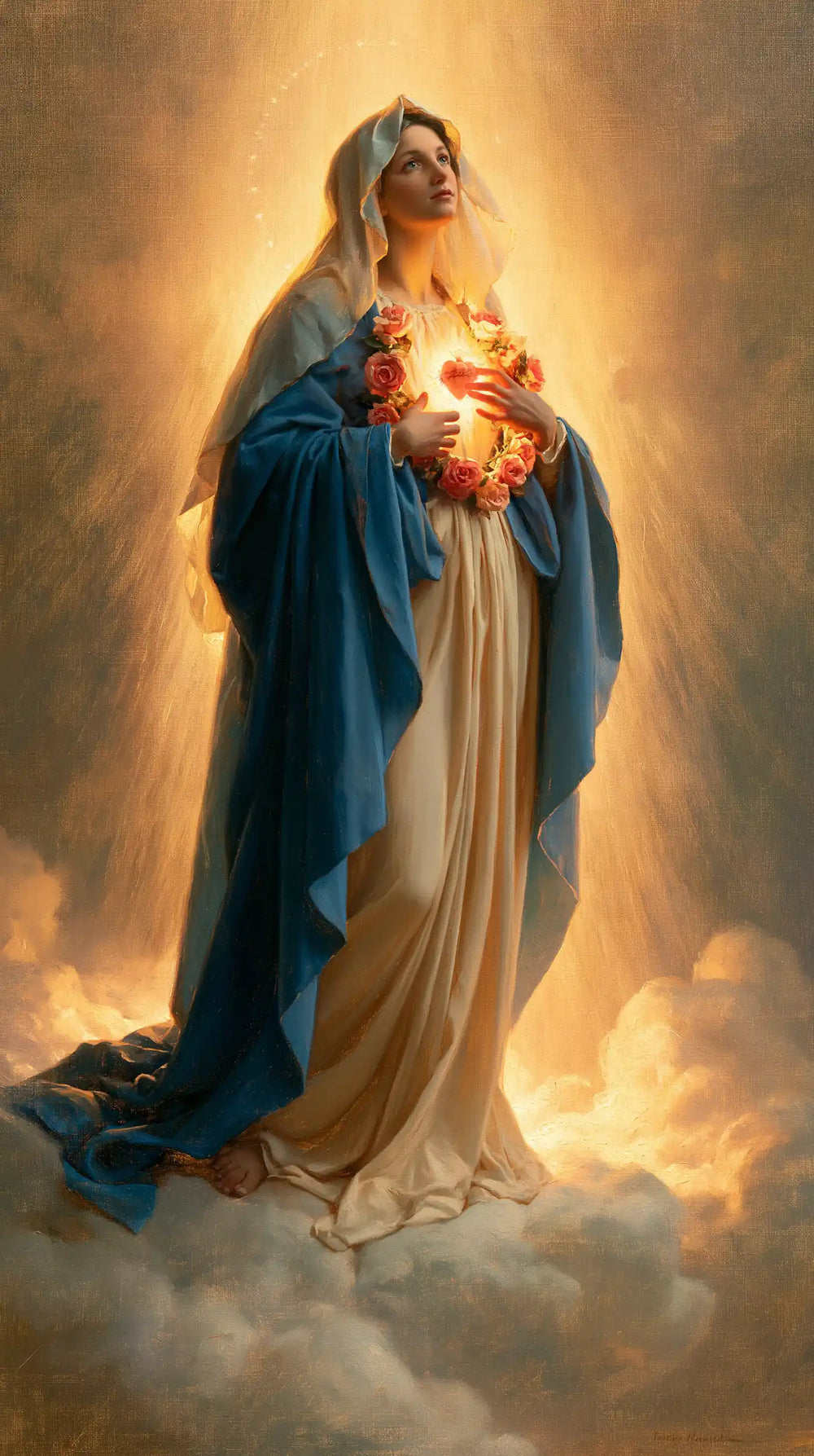 Mary upon the clouds with her Immaculate Heart in Mary upon the Clouds with the Immaculate Heart style, portrait Christian artwork no. 3