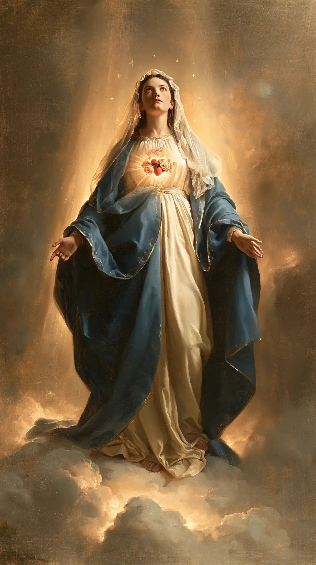 Mary upon the clouds with her Immaculate Heart in Mary upon the Clouds with the Immaculate Heart style, portrait Christian artwork no. 6