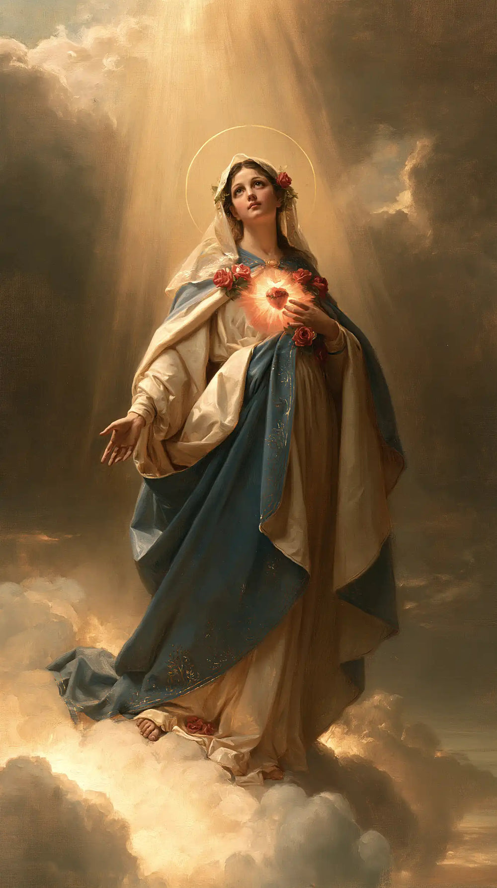 Mary upon the clouds with her Immaculate Heart in Mary upon the Clouds with the Immaculate Heart style, portrait Christian artwork no. 7