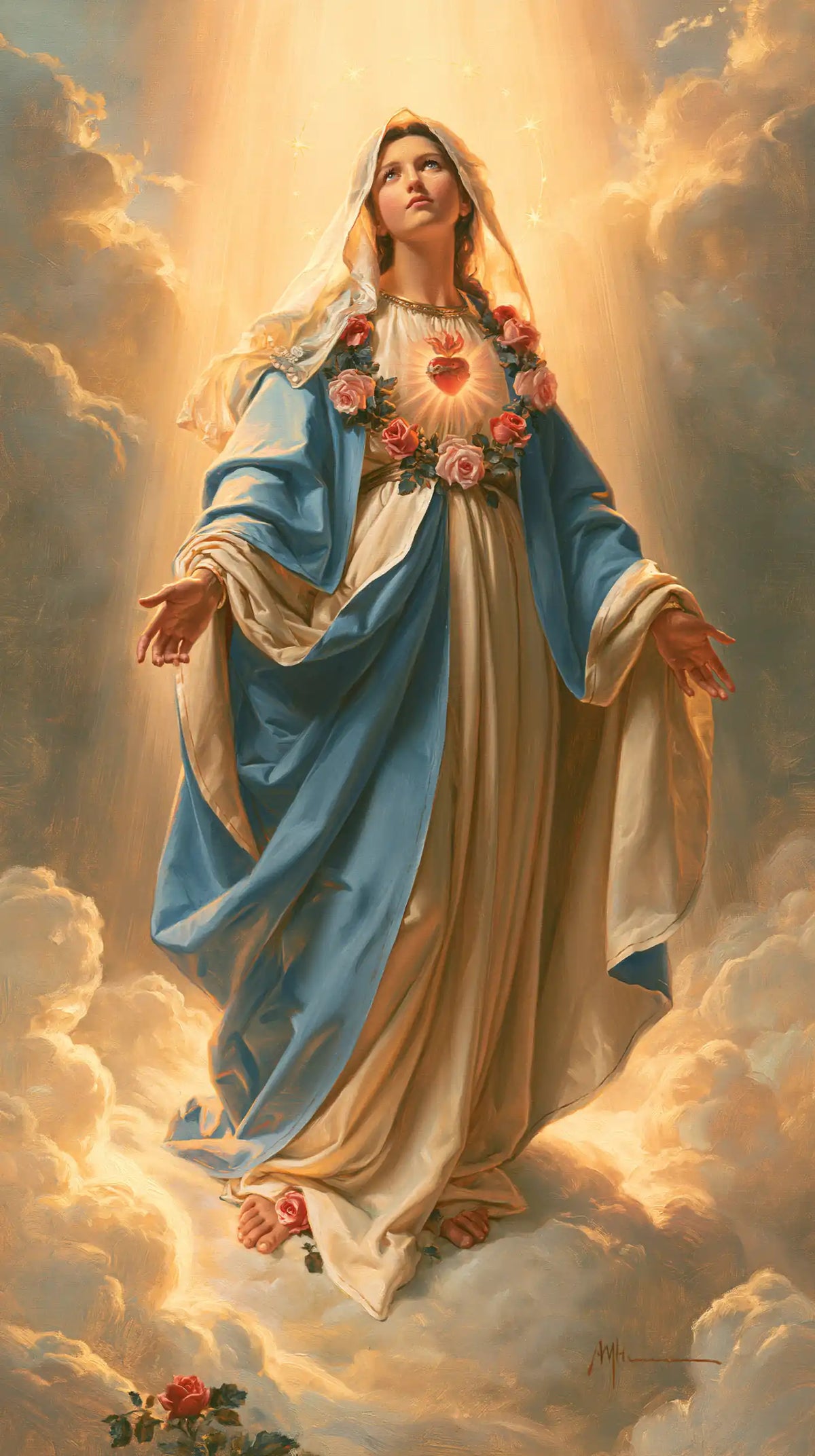 Mary upon the clouds with her Immaculate Heart in Mary upon the Clouds with the Immaculate Heart style, portrait Christian artwork no. 9