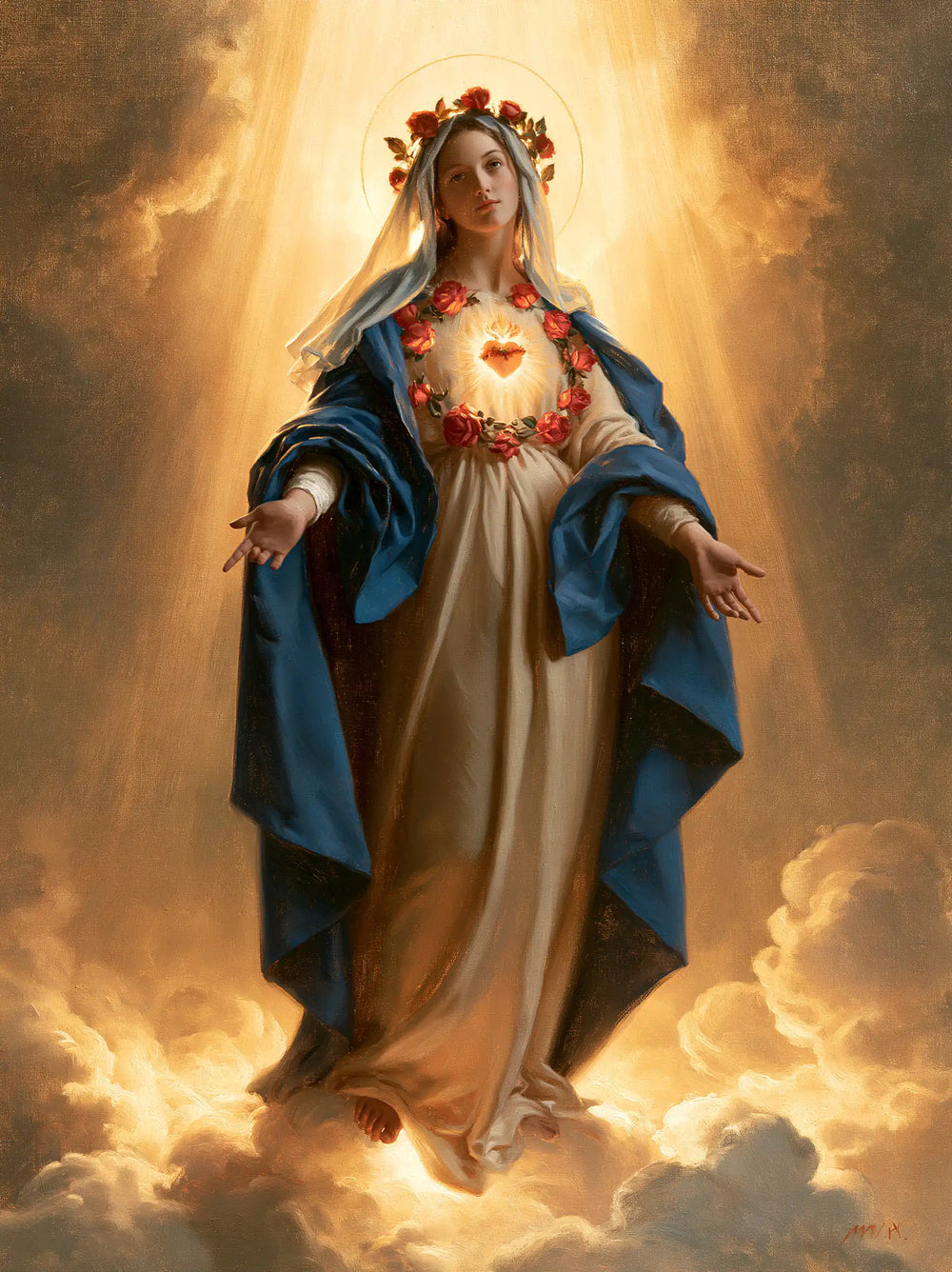 Mary upon the clouds with her Immaculate Heart in Mary upon the Clouds with the Immaculate Heart style, portrait Christian artwork no. 19