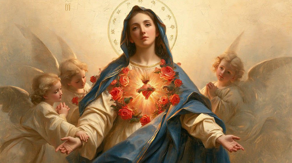 the Immaculate Heart of Mary surrounded by angels in Mary Surrounded by Angels style, landscape Christian artwork no. 13