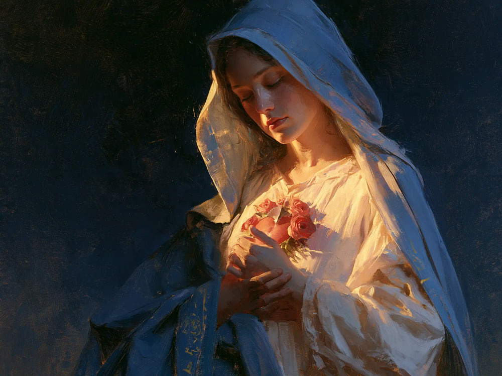 the Immaculate Heart of Mary in midnight-blue chiaroscuro in Midnight Blue Chiaroscuro style, landscape Christian artwork no. 2