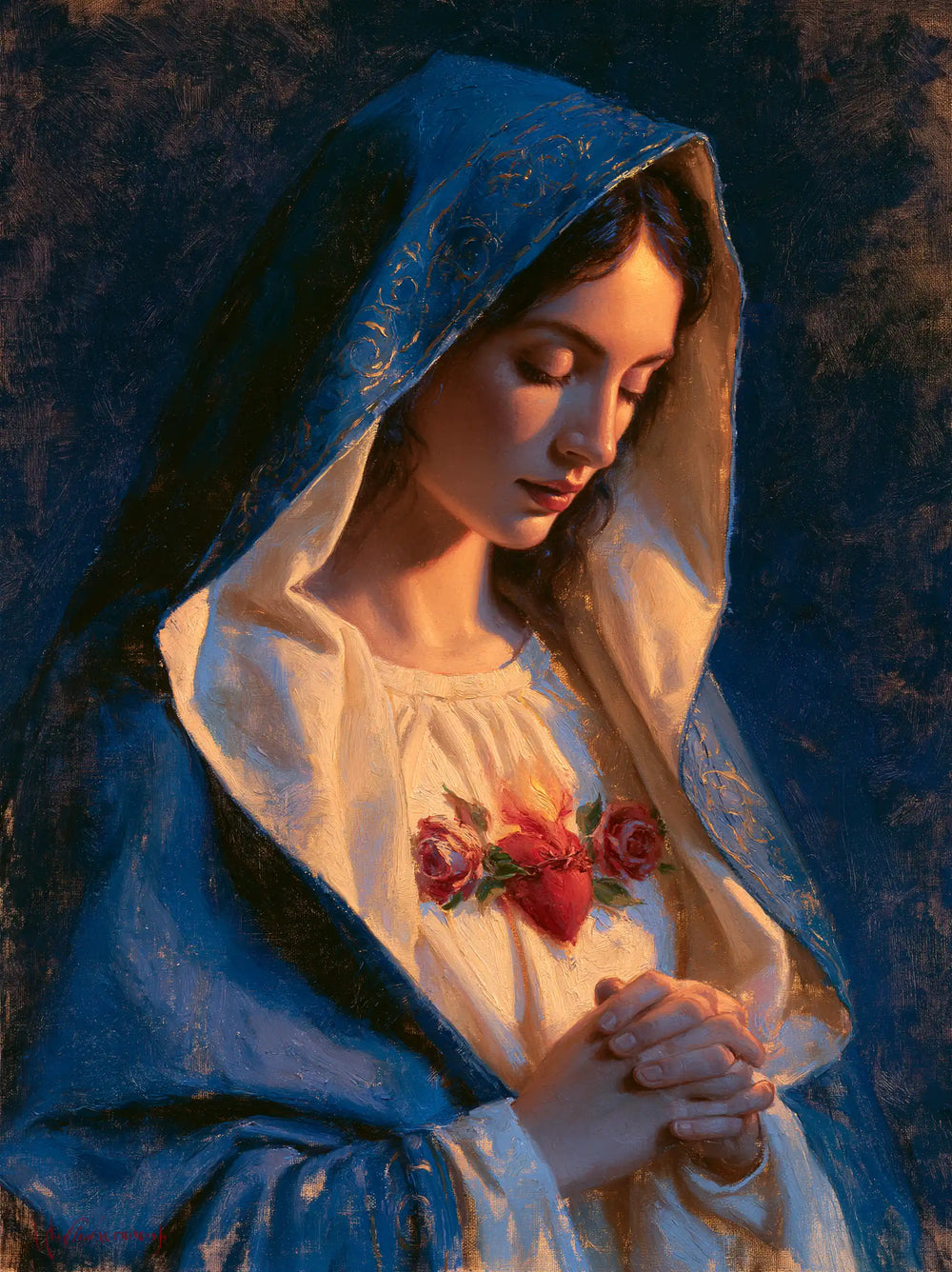 the Immaculate Heart of Mary in midnight-blue chiaroscuro in Midnight Blue Chiaroscuro style, portrait Christian artwork no. 13