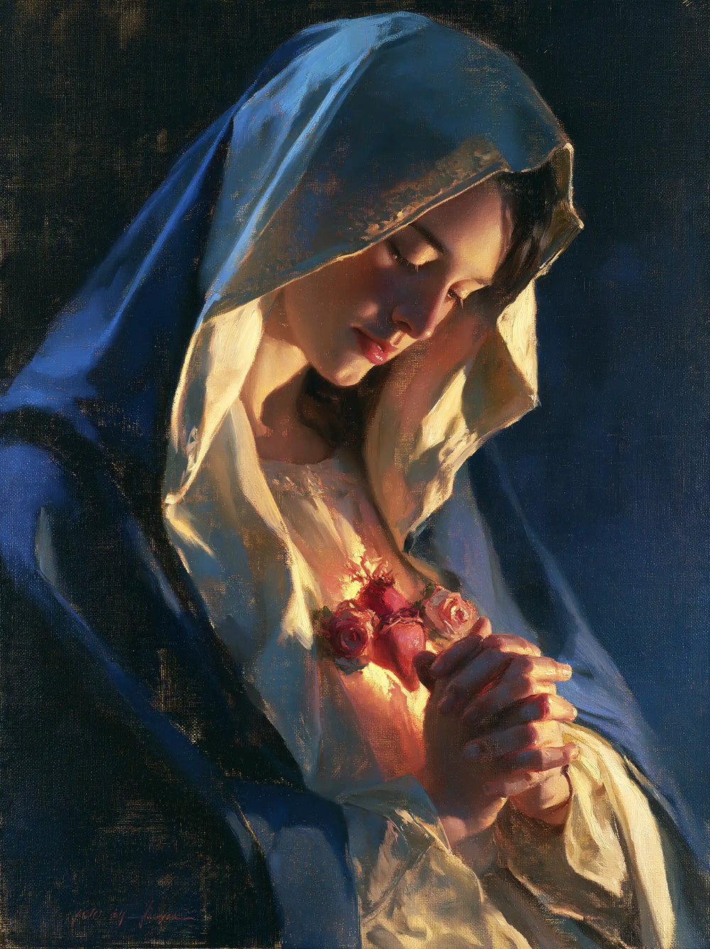 the Immaculate Heart of Mary in midnight-blue chiaroscuro in Midnight Blue Chiaroscuro style, portrait Christian artwork no. 23