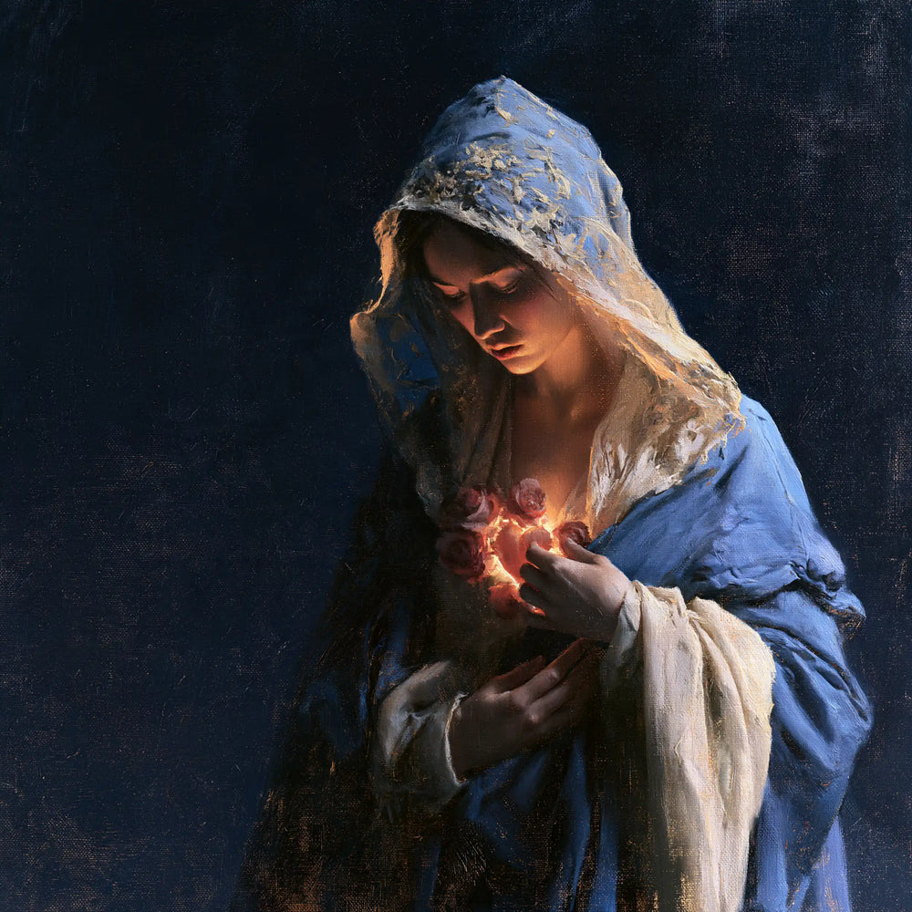 the Immaculate Heart of Mary in midnight-blue chiaroscuro in Midnight Blue Chiaroscuro style, square Christian artwork no. 3