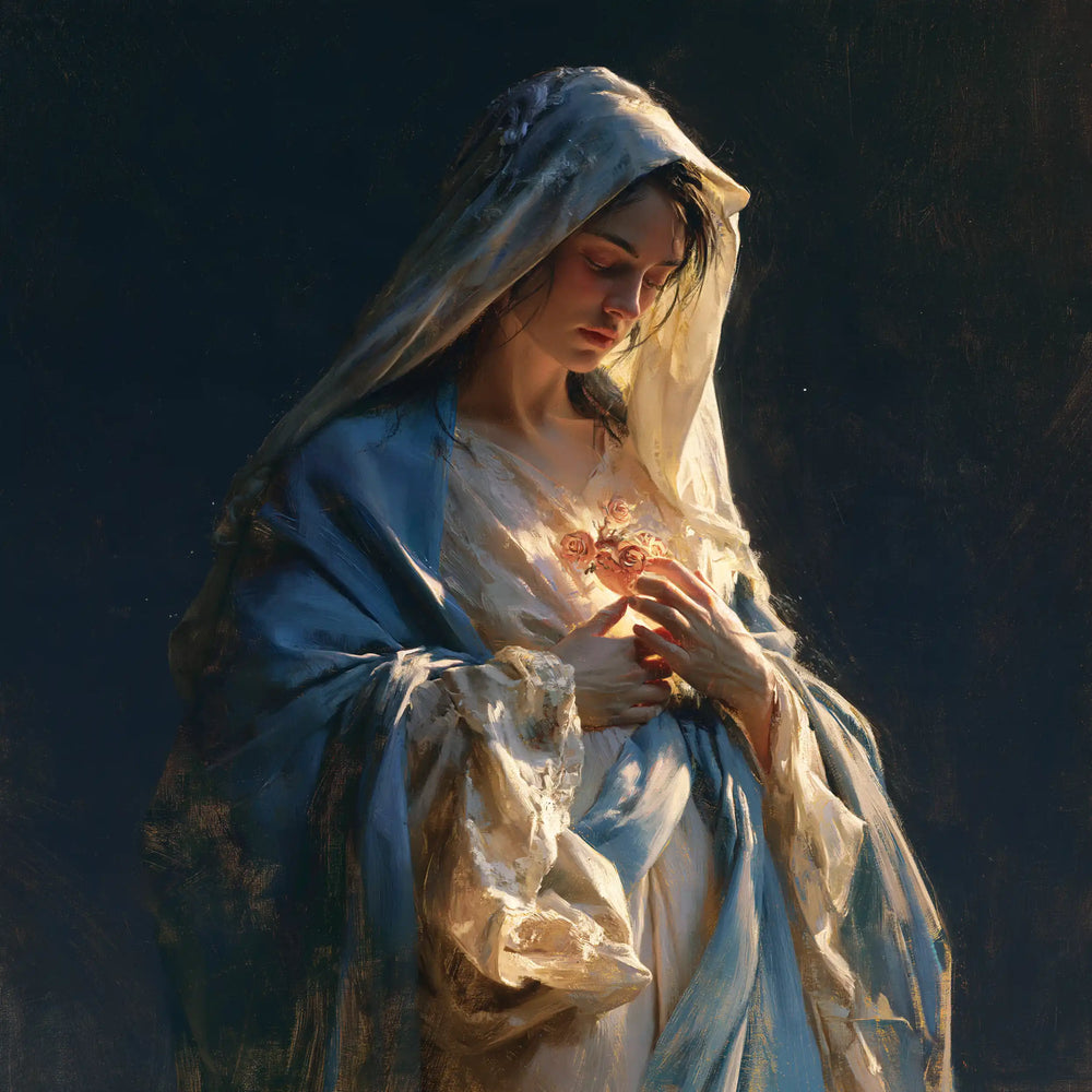 the Immaculate Heart of Mary in midnight-blue chiaroscuro in Midnight Blue Chiaroscuro style, square Christian artwork no. 8