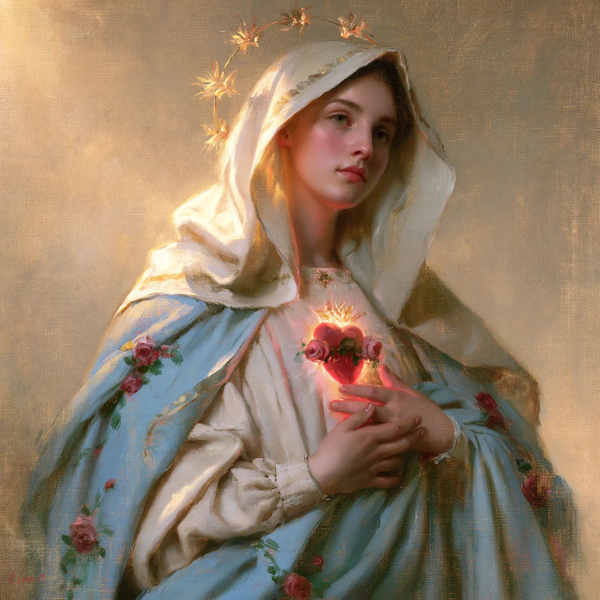 the peace and purity of the Immaculate Heart of Mary in Peace and Purity of Mary's Heart style, square Christian artwork no. 6