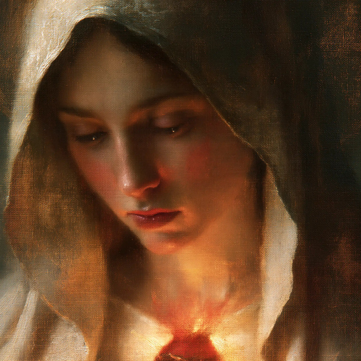 a close portrait of Mary with her Immaculate Heart in Psychological Close-Up style, square Christian artwork no. 1