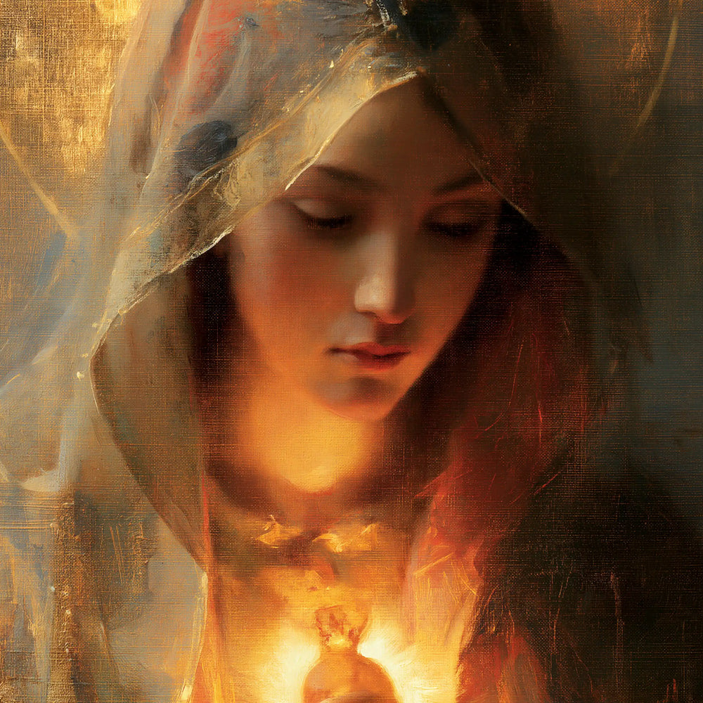 a close portrait of Mary with her Immaculate Heart in Psychological Close-Up style, square Christian artwork no. 6