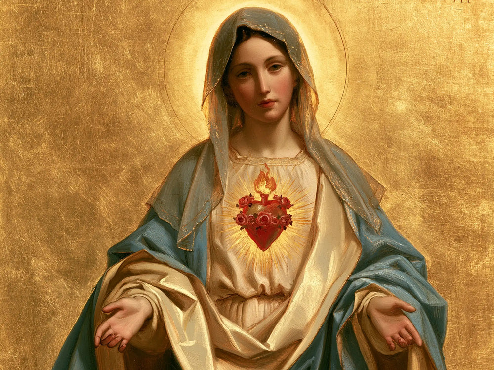 Mary revealing her Immaculate Heart in Sacred Gold style, landscape Christian artwork no. 1