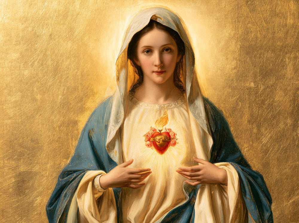 Mary revealing her Immaculate Heart in Sacred Gold style, landscape Christian artwork no. 5