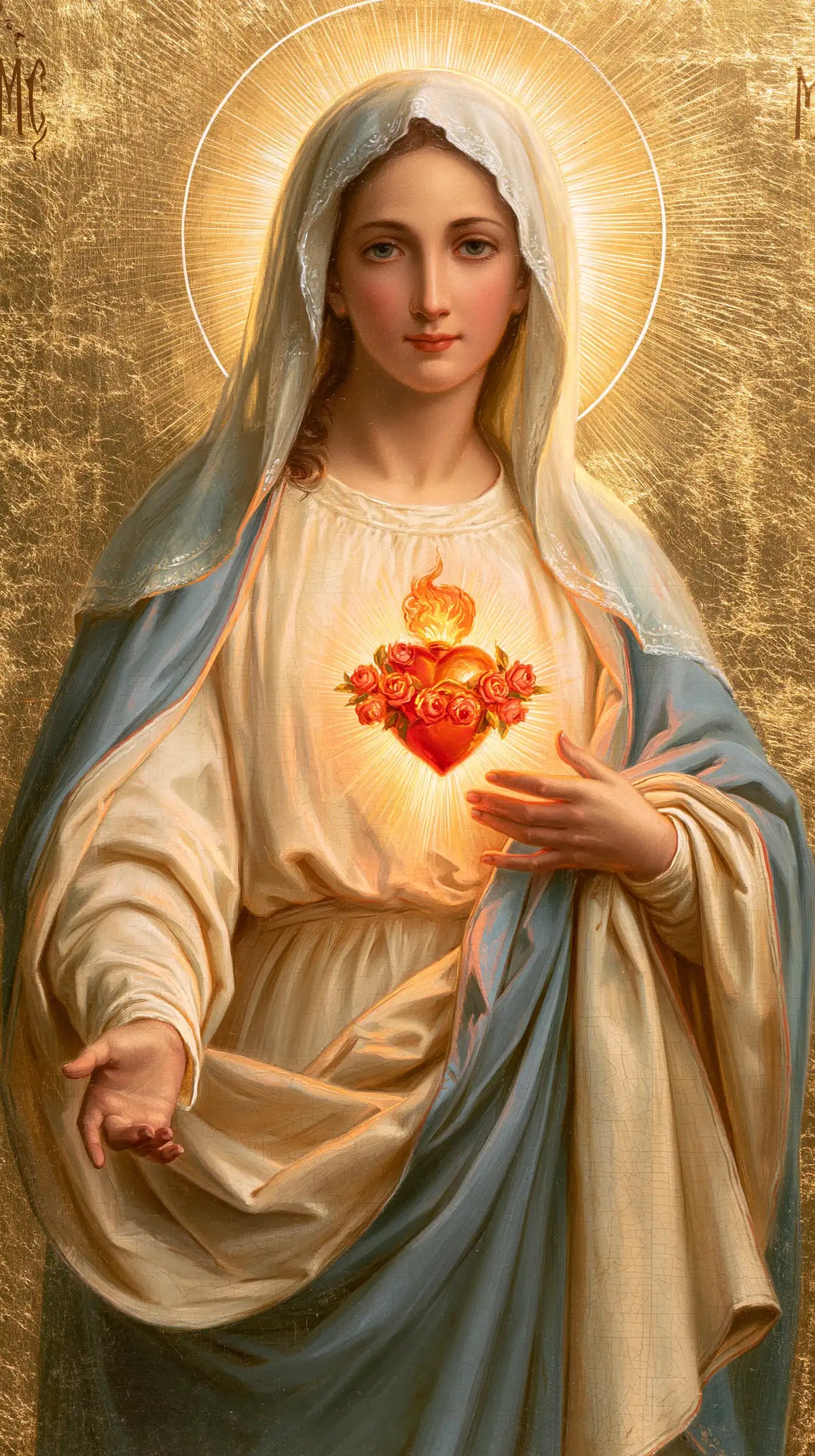 Mary revealing her Immaculate Heart in Sacred Gold style, portrait Christian artwork no. 3