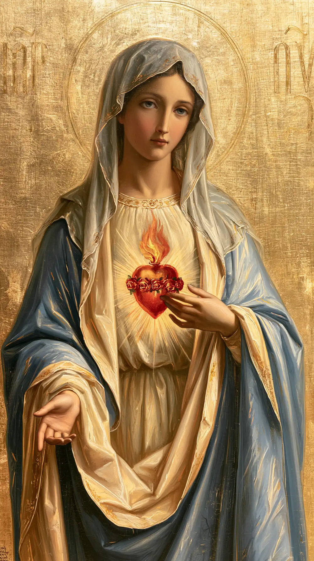 Mary revealing her Immaculate Heart in Sacred Gold style, portrait Christian artwork no. 4