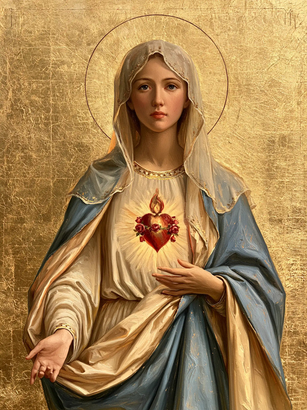 Mary revealing her Immaculate Heart in Sacred Gold style, portrait Christian artwork no. 32