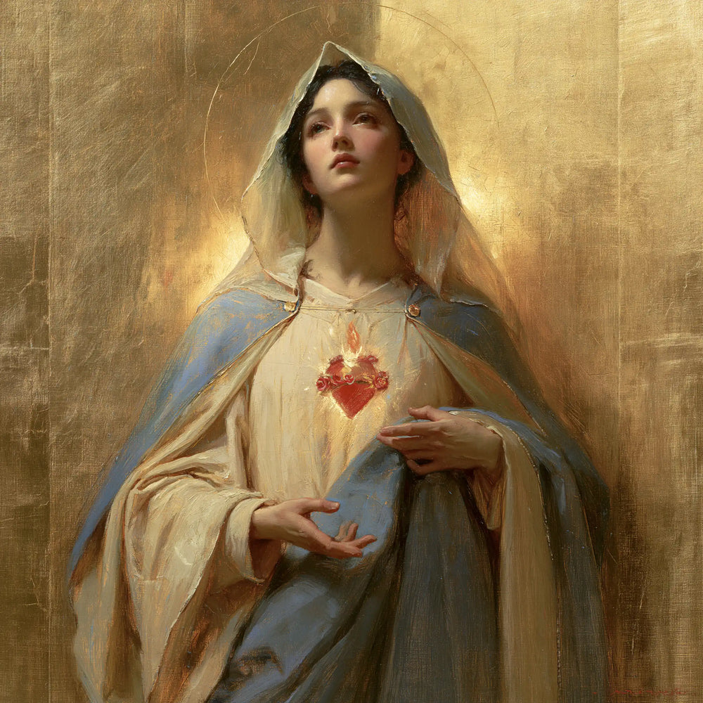 Mary revealing her Immaculate Heart in Sacred Gold style, square Christian artwork no. 7