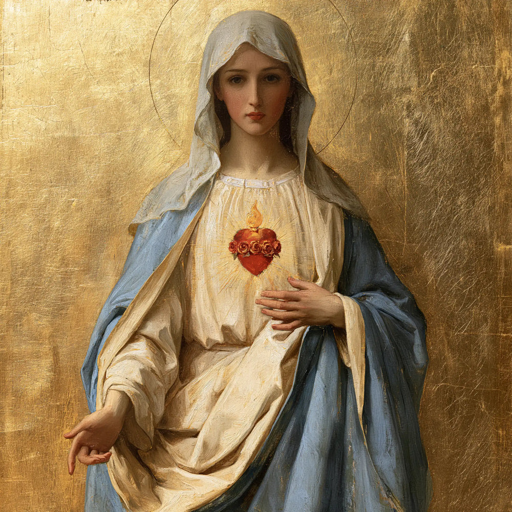 Mary revealing her Immaculate Heart in Sacred Gold style, square Christian artwork no. 11
