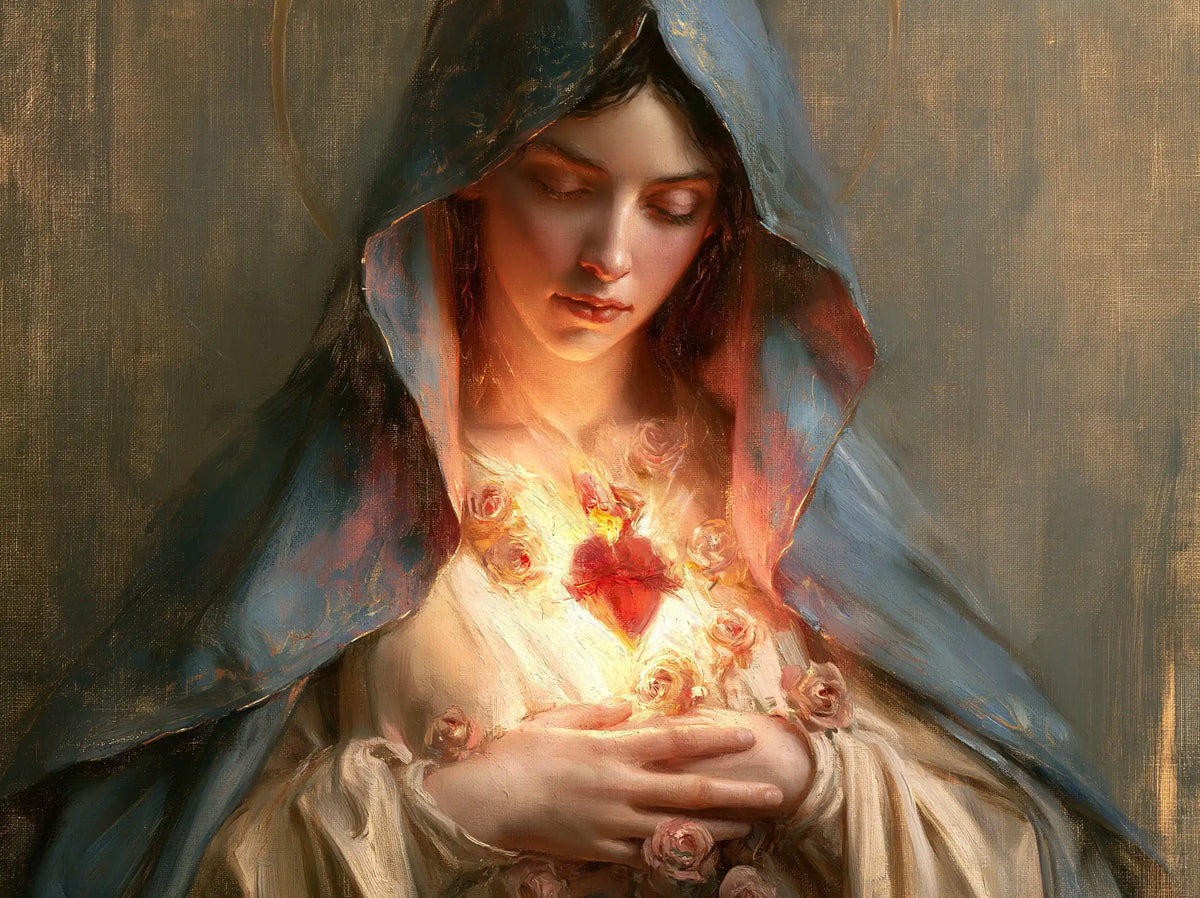 Mary with her Immaculate Heart in sacred maternal tenderness in Sacred Maternal Tenderness style, landscape Christian artwork no. 7