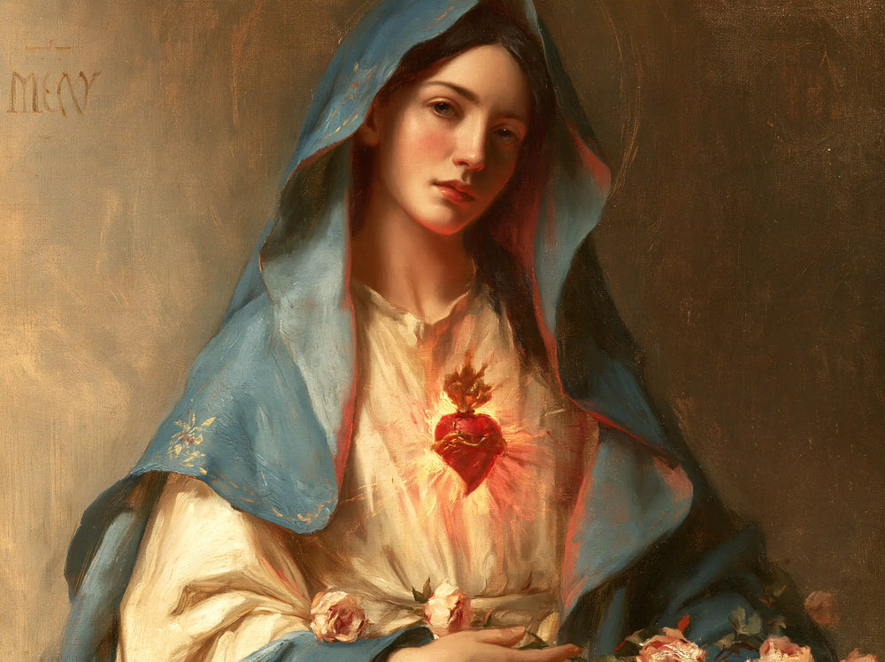 Mary with her Immaculate Heart in sacred maternal tenderness in Sacred Maternal Tenderness style, landscape Christian artwork no. 11