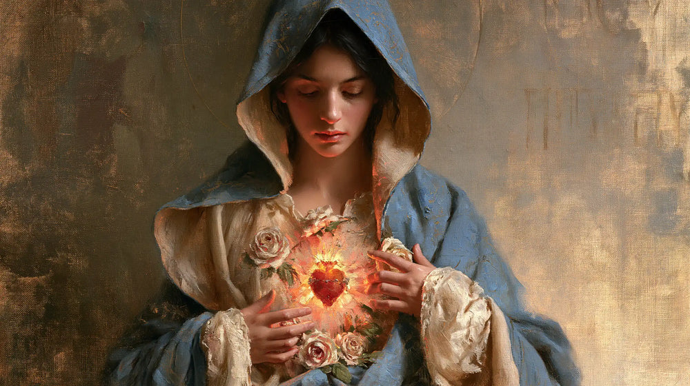 Mary with her Immaculate Heart in sacred maternal tenderness in Sacred Maternal Tenderness style, landscape Christian artwork no. 21