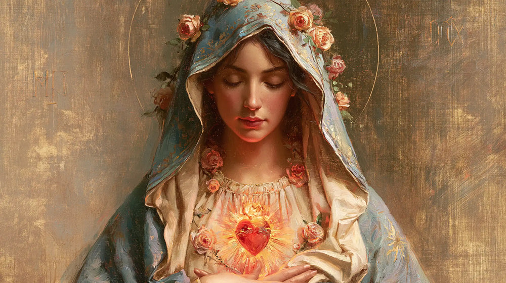 Mary with her Immaculate Heart in sacred maternal tenderness in Sacred Maternal Tenderness style, landscape Christian artwork no. 23