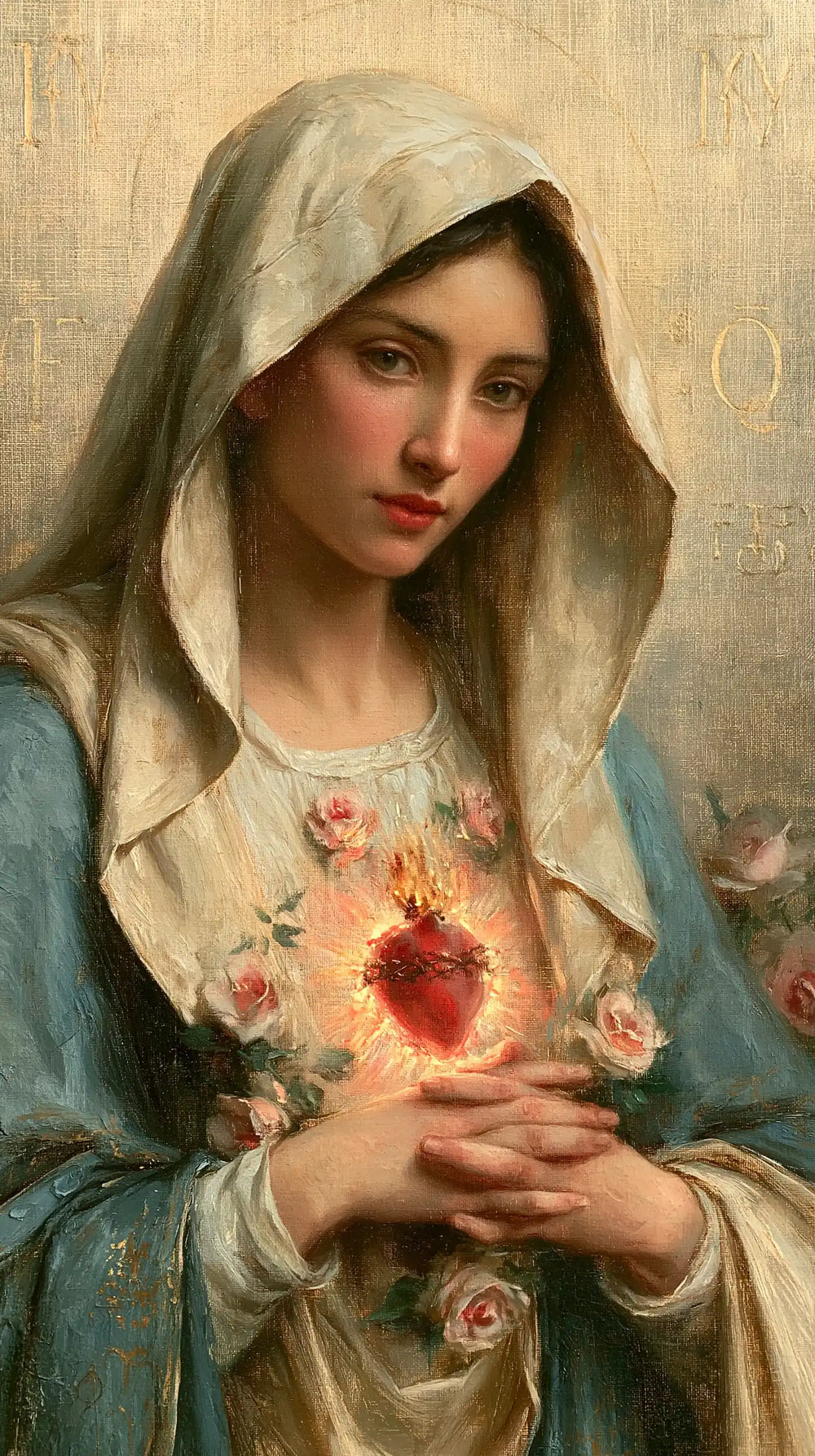 Mary with her Immaculate Heart in sacred maternal tenderness in Sacred Maternal Tenderness style, portrait Christian artwork no. 4