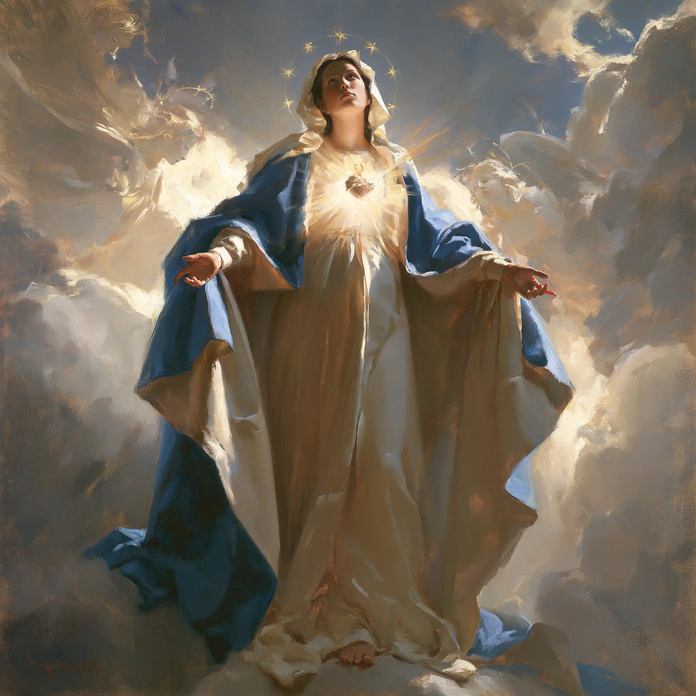 the Immaculate Heart of Mary in a monumental sacred view in Sacred Monumental View style, square Christian artwork no. 8